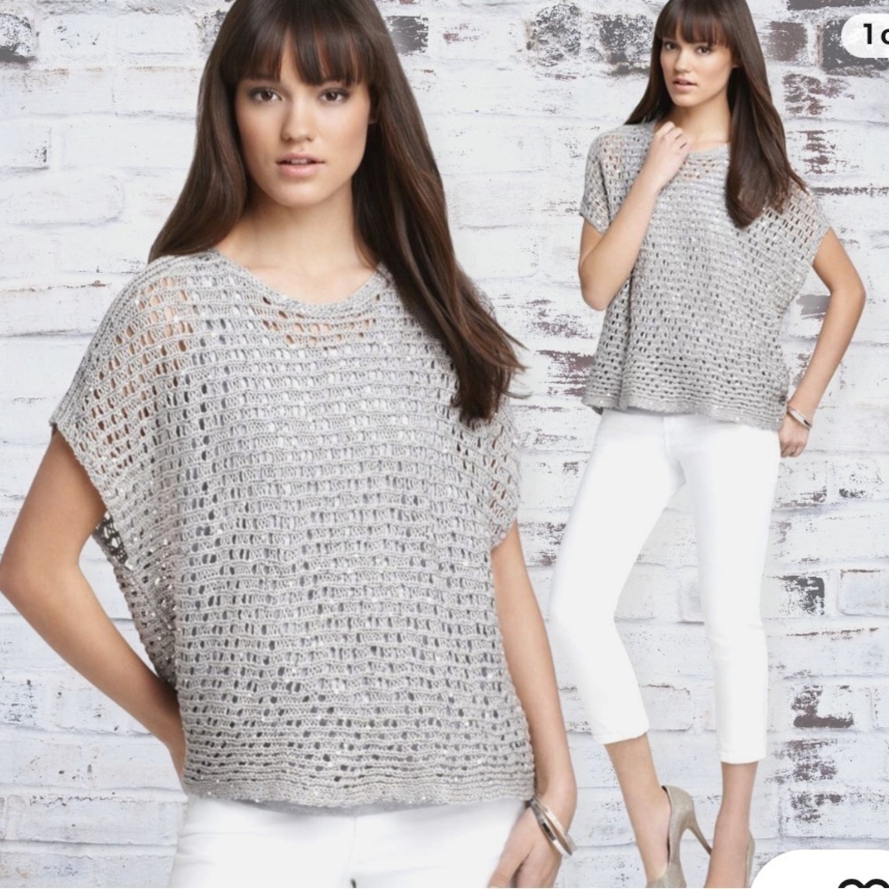 Eileen Fisher Sequin Chainmail Mesh Antique Silver Cap Slv Box Sweater Top XS
